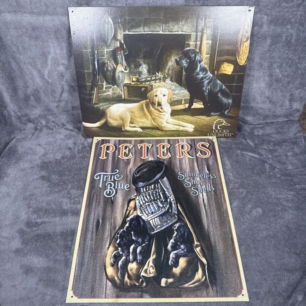 Vtg Peters True Blue Smokeless Shot Shells Metal Tin Sign Ducks Unltd Labradors